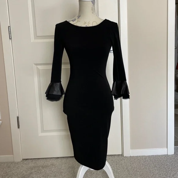 alice + olivia ruffle leather little black dress. sleeves tulle silk sheer  mesh